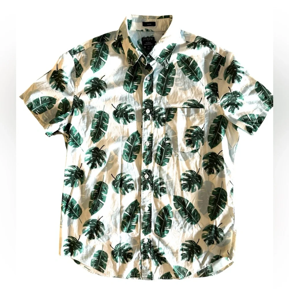 J.Crew Button Down Shirt Leaf Flex Washed Slim Fit Preppy White Green Summer M